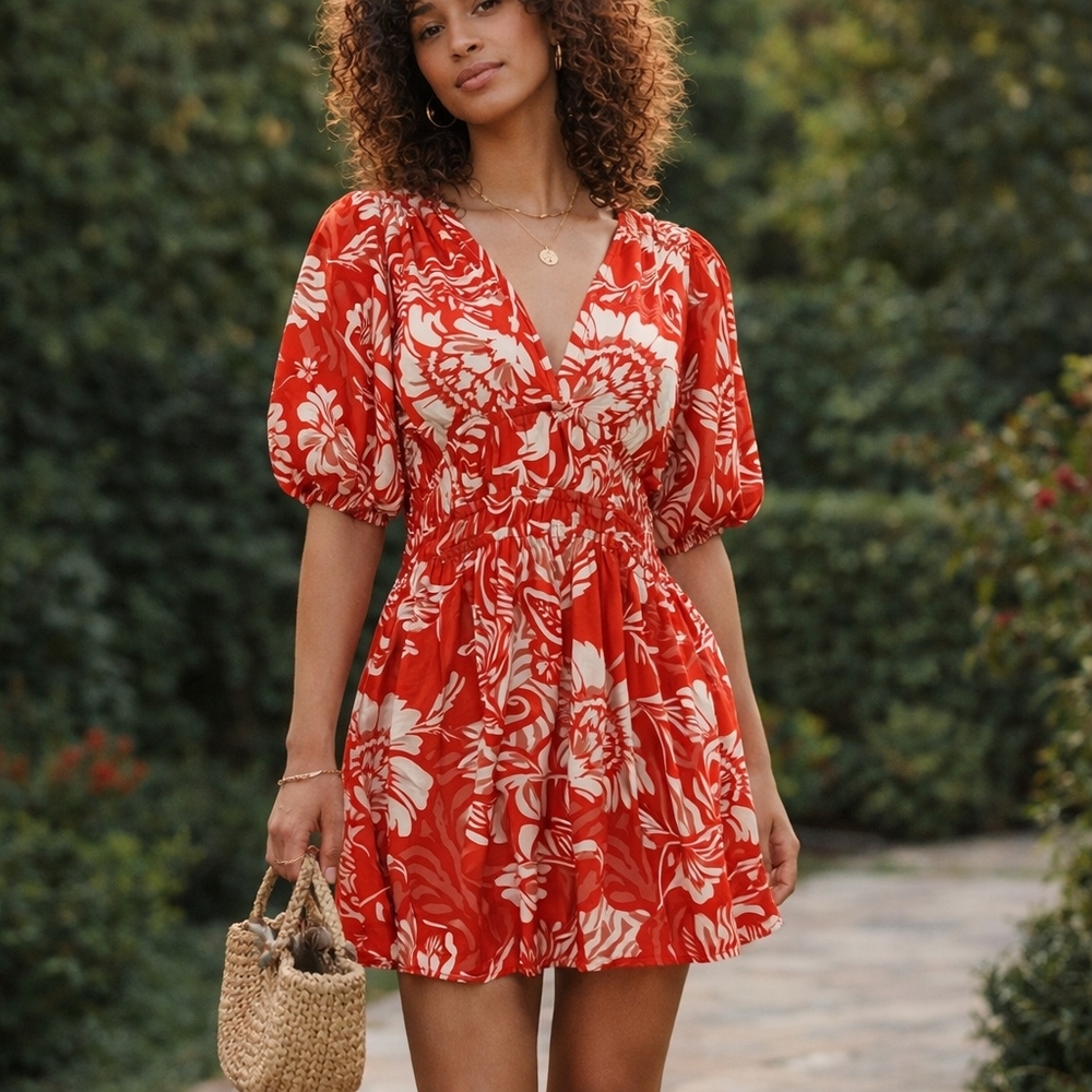 Abel The Label  Red and White Floral Puff Sleeve Mini Dress | Sz S | Like New